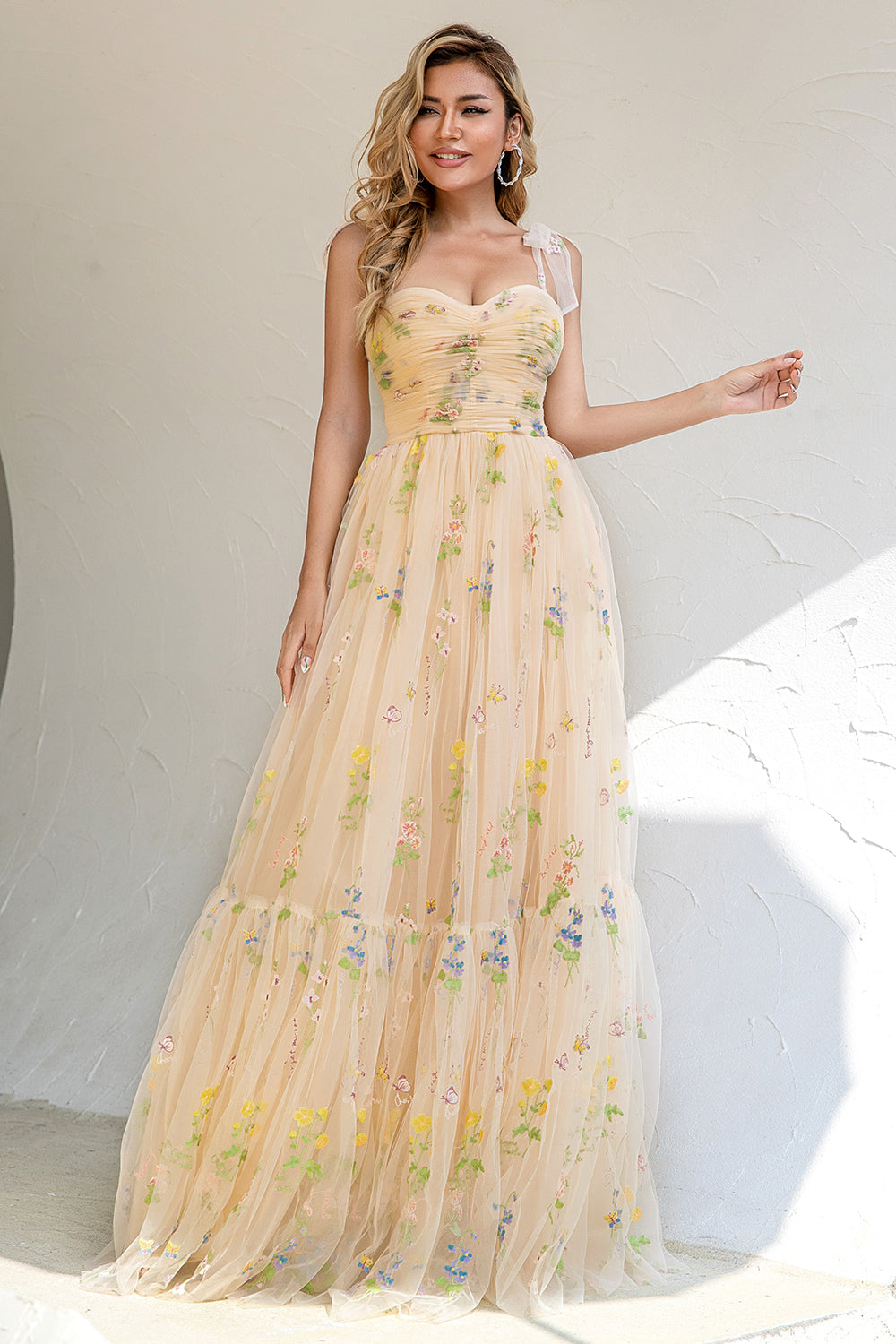 A Line Spaghetti Straps Champagne Prom Dress with Appliques - Fashionpara