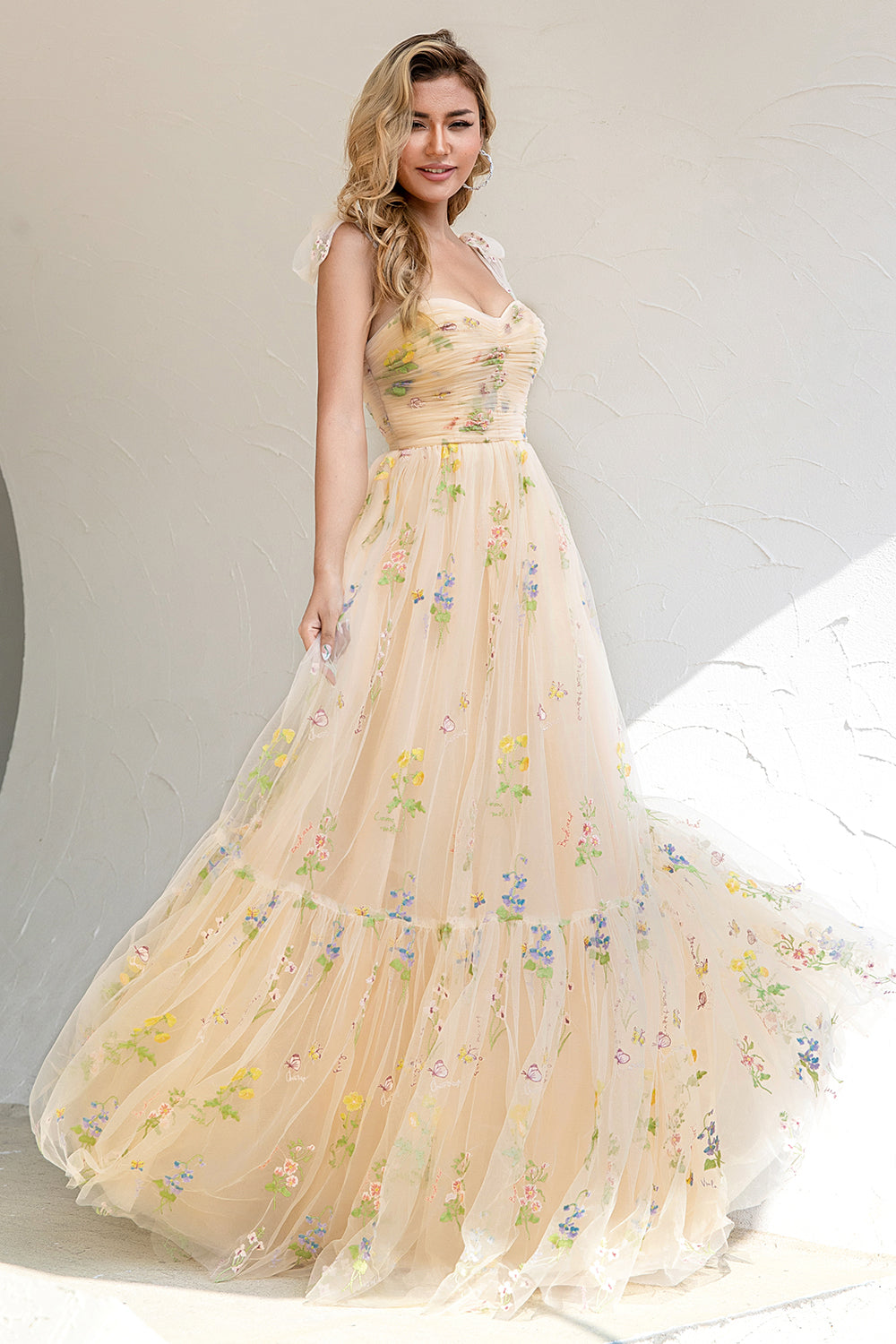 A Line Spaghetti Straps Champagne Prom Dress with Appliques - Fashionpara