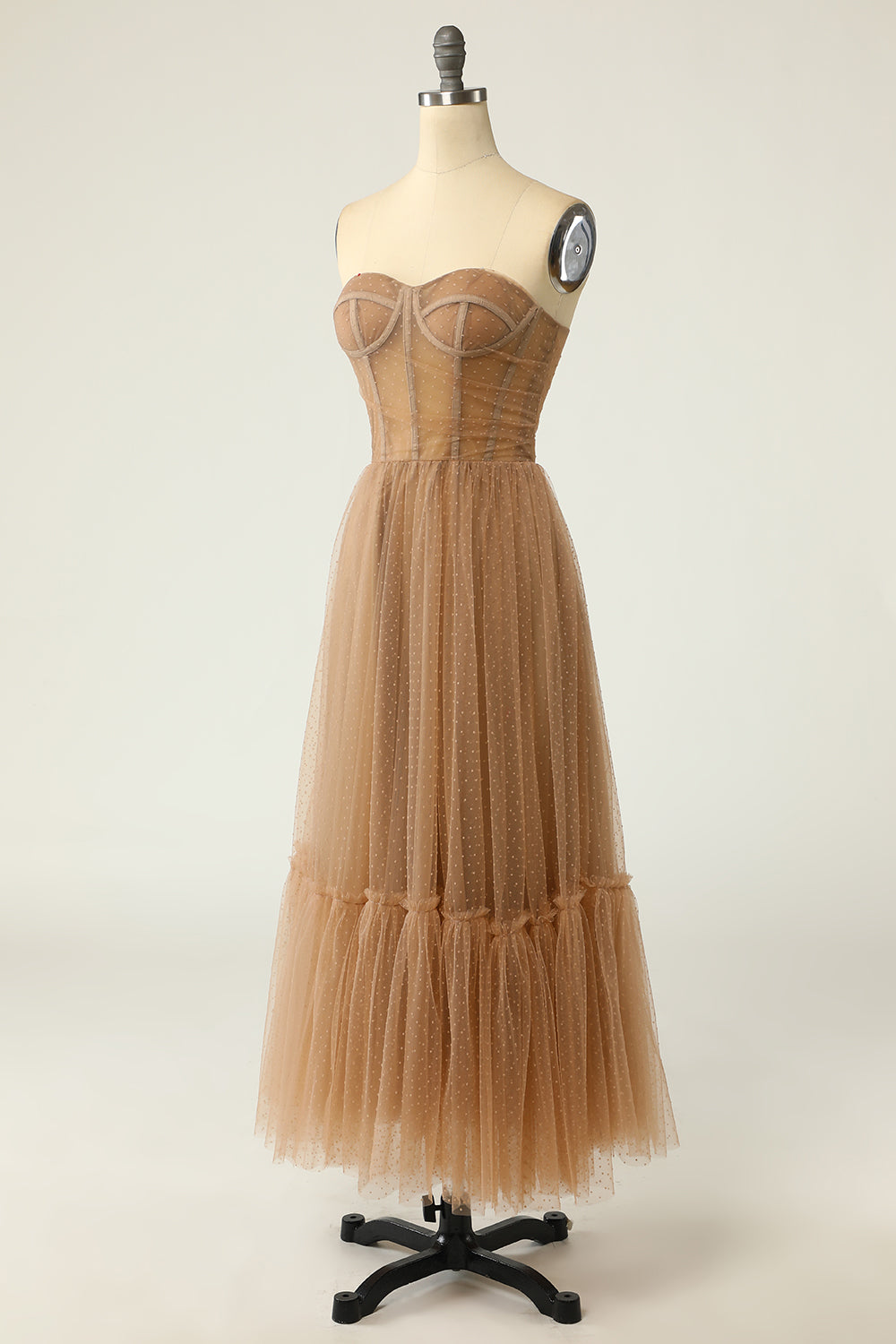 Khaki Polka Dots Corset Prom Dress - Fashionpara