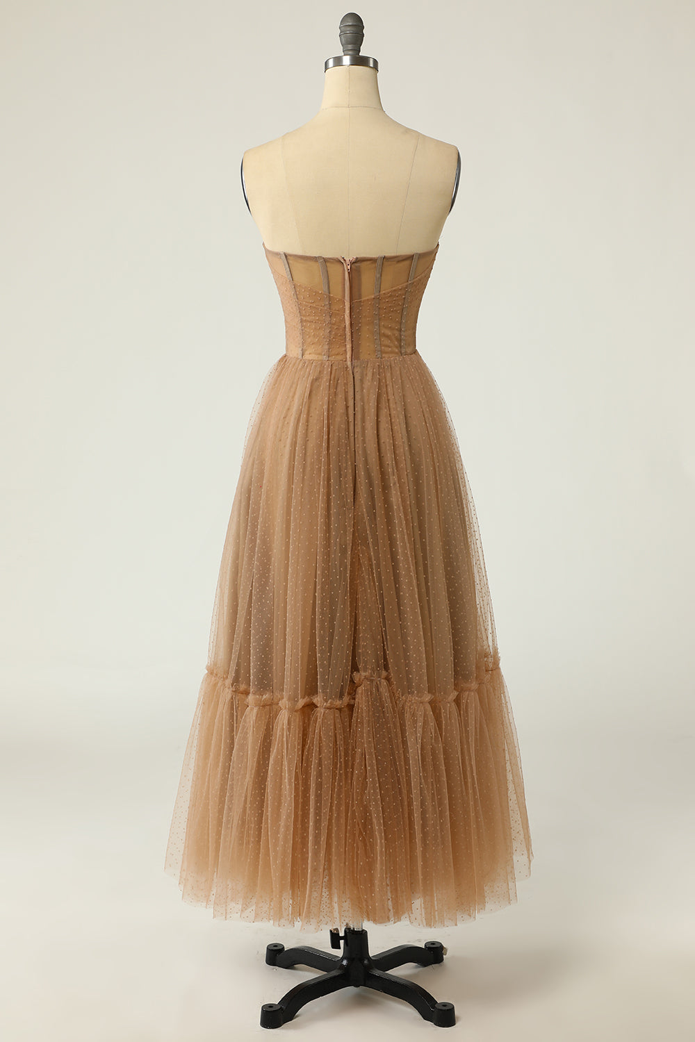 Khaki Polka Dots Corset Prom Dress - Fashionpara