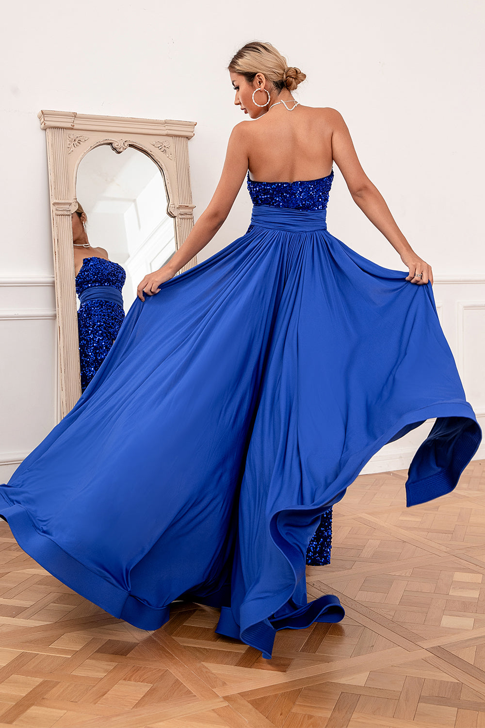Royal Blue Sequins Strapless Prom Dress - Fashionpara