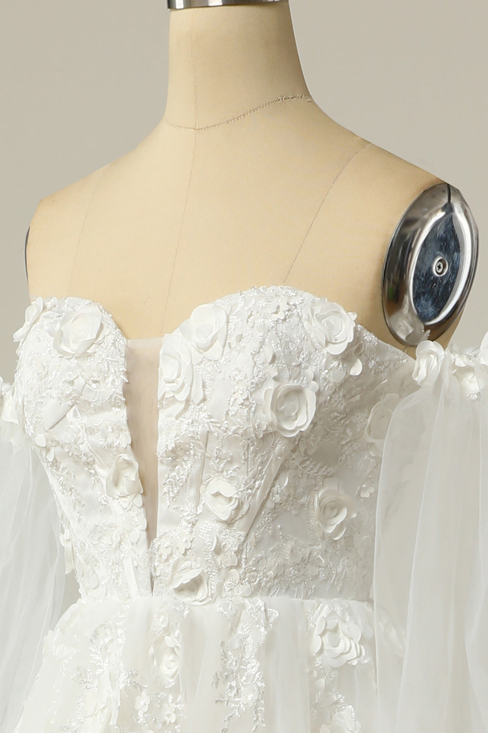 A Line Off the Shoulder Ivory Bridal Dress with Long Sleeves - Fashionpara