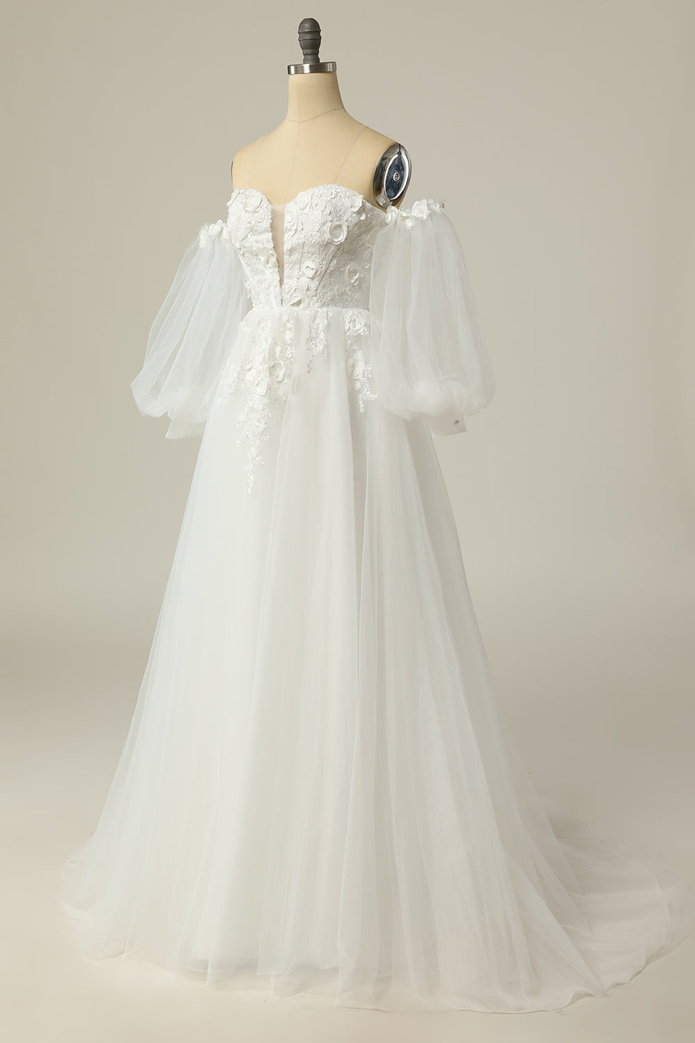A Line Off the Shoulder Ivory Bridal Dress with Long Sleeves - Fashionpara