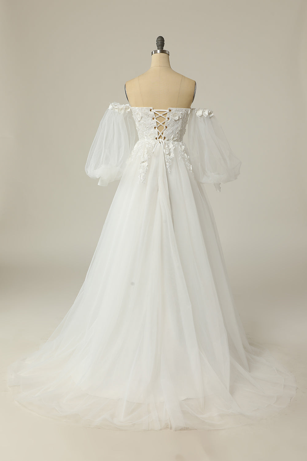 A Line Off the Shoulder Ivory Bridal Dress with Long Sleeves - Fashionpara