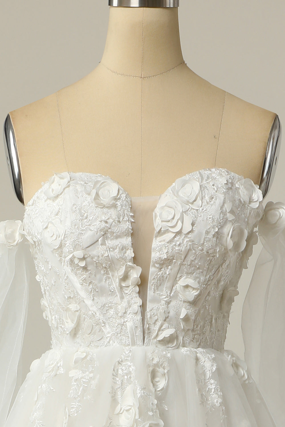 A Line Off the Shoulder Ivory Bridal Dress with Long Sleeves - Fashionpara