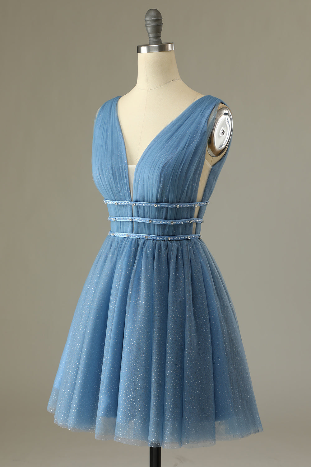 Glitter Grey Blue Tulle Short Homecoming Dress - Fashionpara