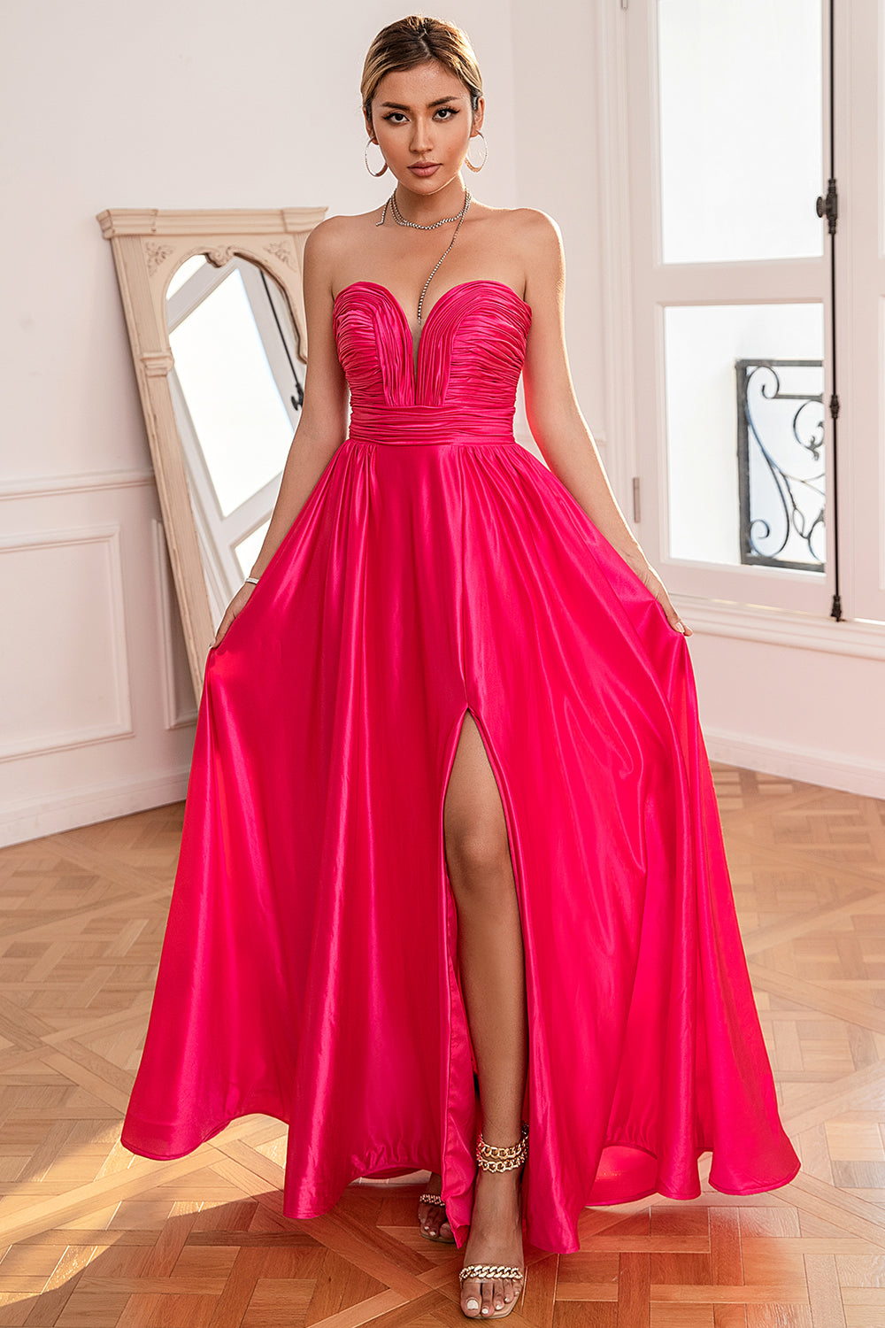 Fuchsia Strapless Prom Dress with Slit - Fashionpara