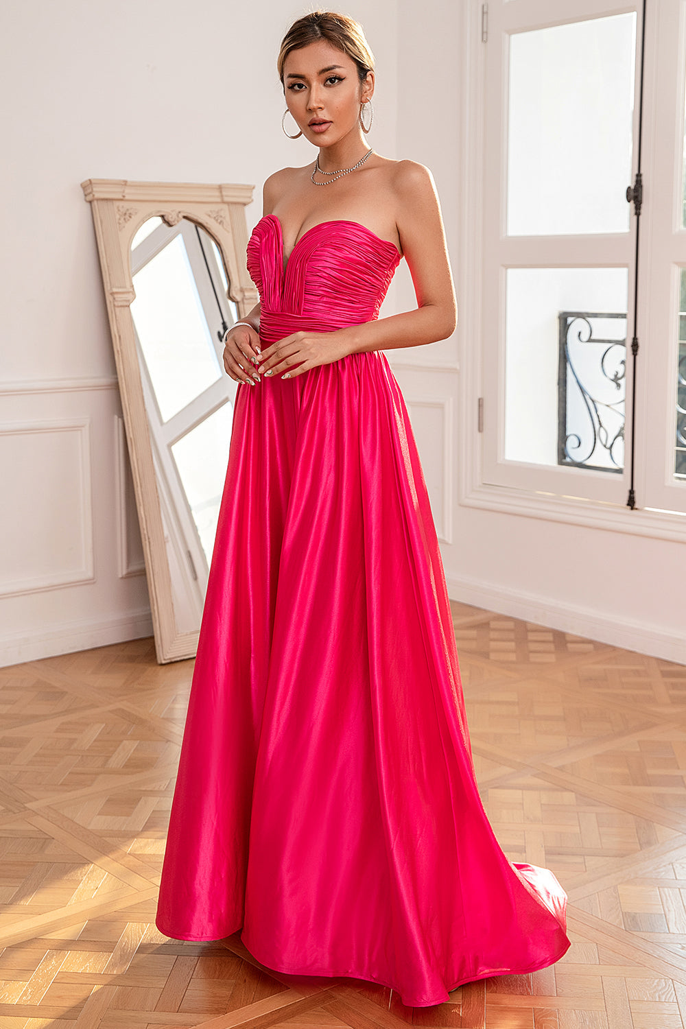 Fuchsia Strapless Prom Dress with Slit - Fashionpara