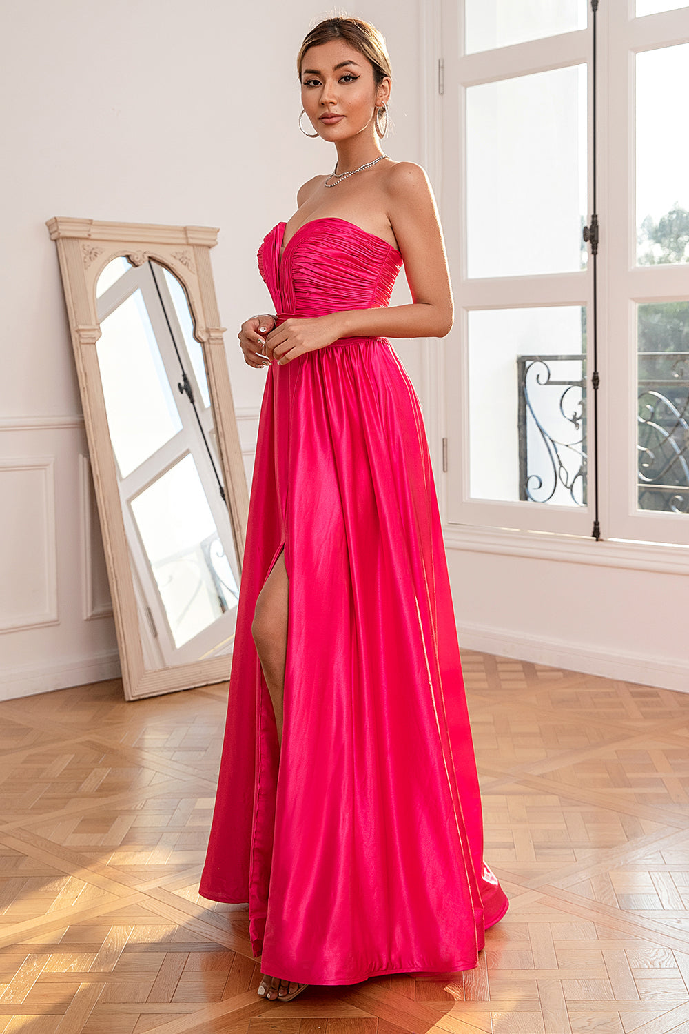 Fuchsia Strapless Prom Dress with Slit - Fashionpara