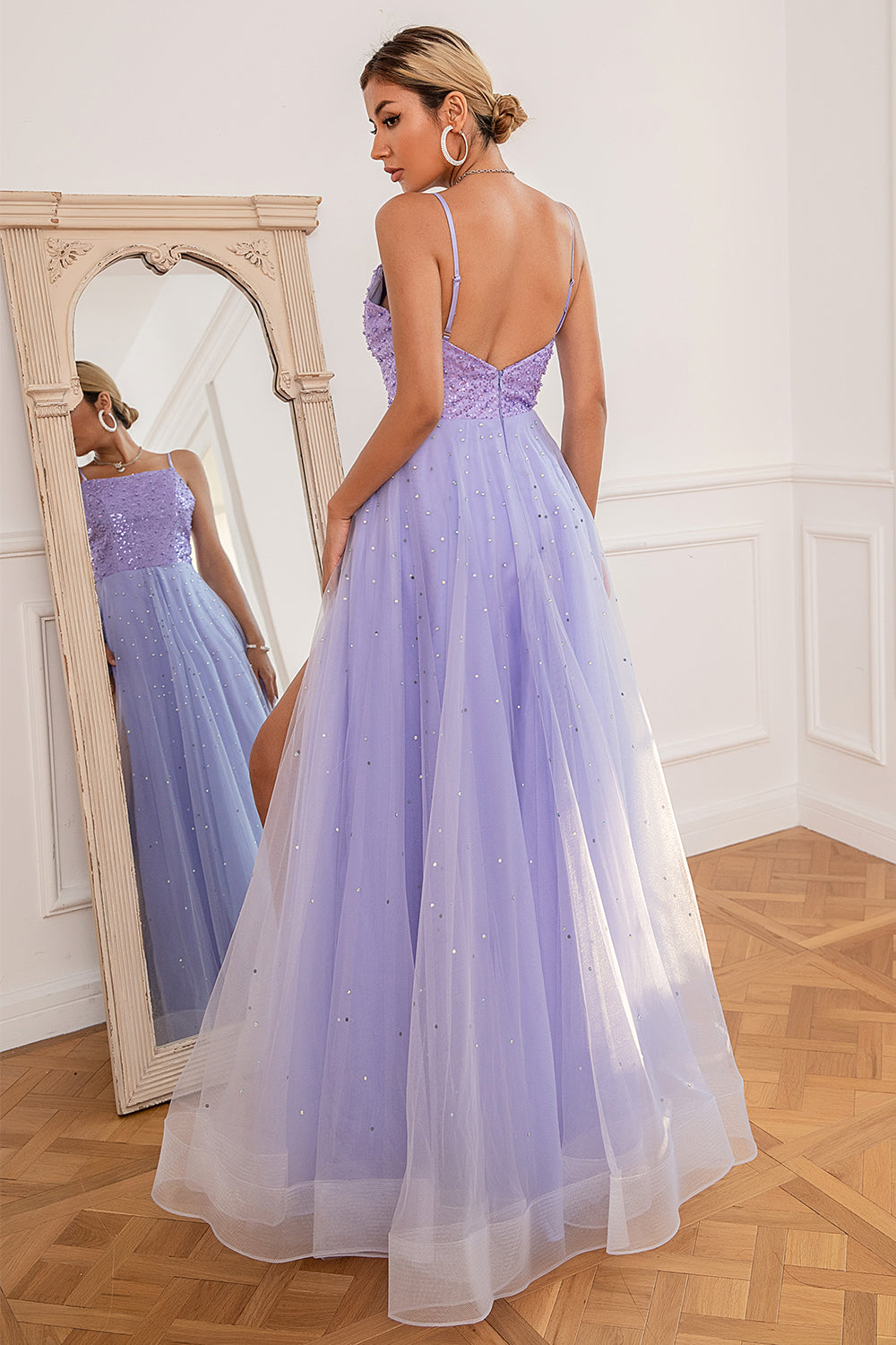 Light Purple Sequins Prom Dress with Slit - Fashionpara