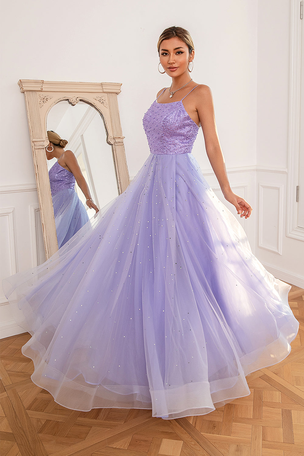 Light Purple Sequins Prom Dress with Slit - Fashionpara