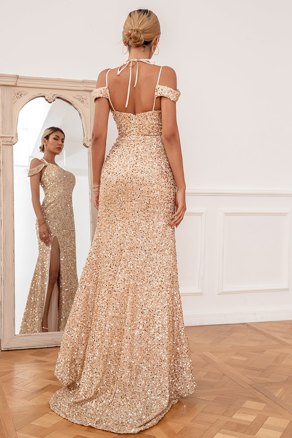 Sheath Off the Shoulder Champagne Sequins Party Dress with Split Front - Fashionpara