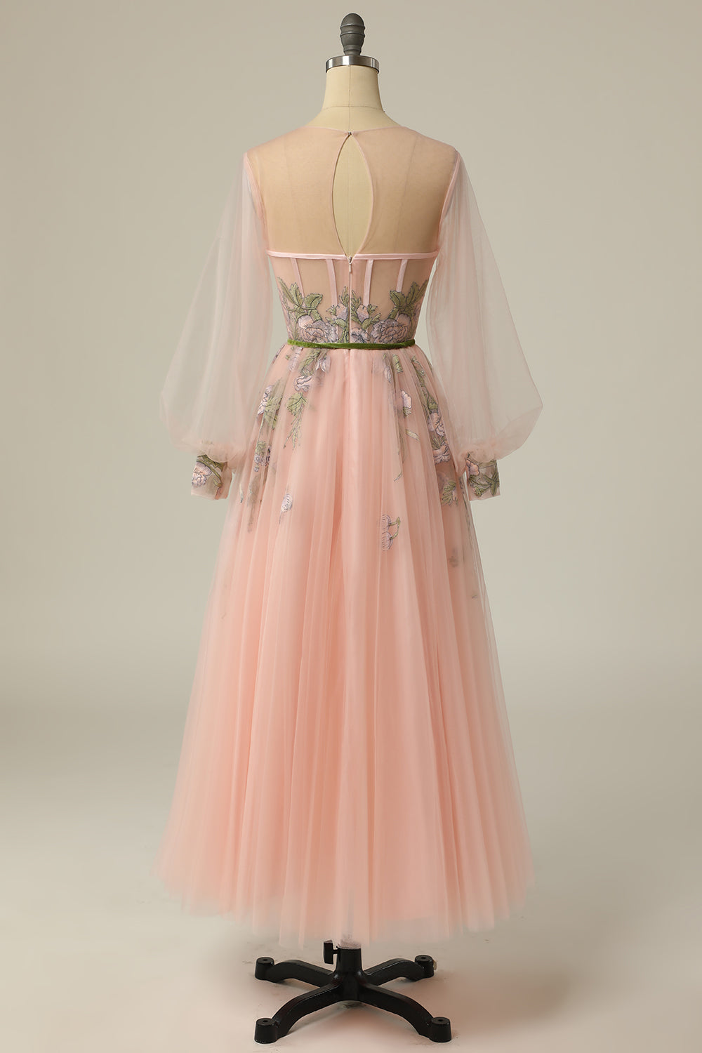 A Line Jewel Light Nude Long Prom Dress with Embroidery - Fashionpara