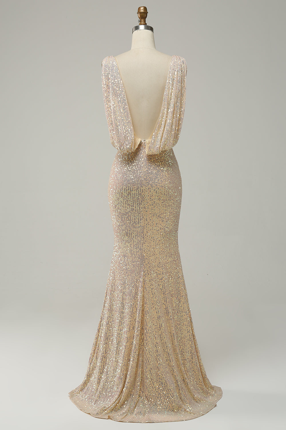 Sheath Deep V Neck Champagne Sequins Long Prom Dress with Split Front - Fashionpara