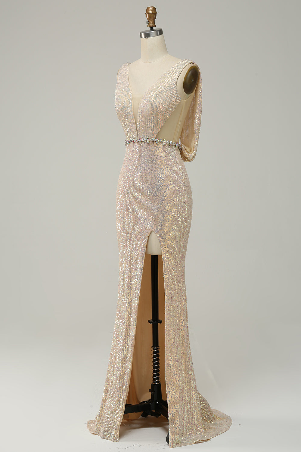 Sheath Deep V Neck Champagne Sequins Long Prom Dress with Split Front - Fashionpara