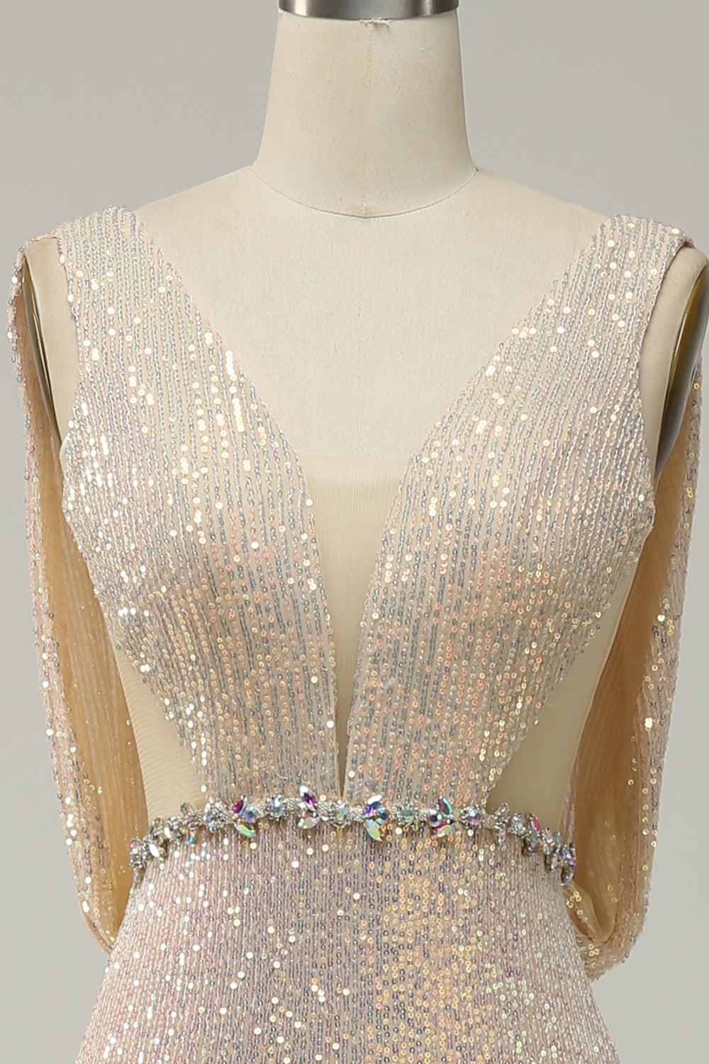 Sheath Deep V Neck Champagne Sequins Long Prom Dress with Split Front - Fashionpara