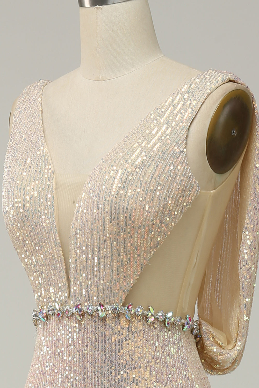 Sheath Deep V Neck Champagne Sequins Long Prom Dress with Split Front - Fashionpara