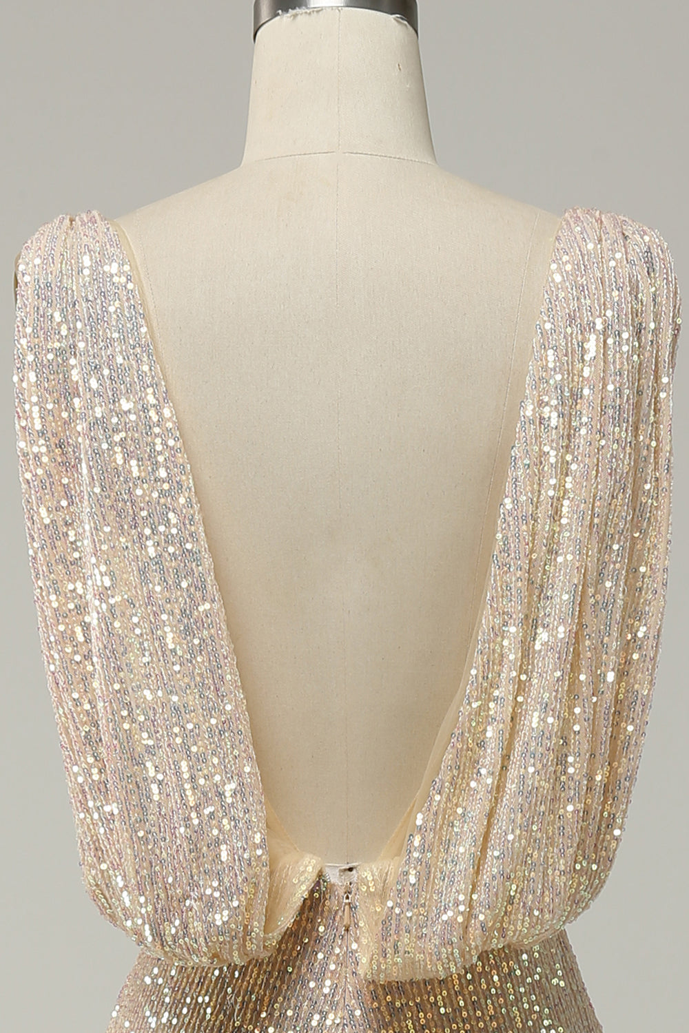 Sheath Deep V Neck Champagne Sequins Long Prom Dress with Split Front - Fashionpara