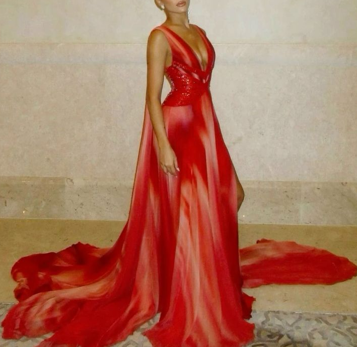 Sexy Deep V Chiffon Beaded Slit Mermaid Evening Dress Long Party Gown D1019