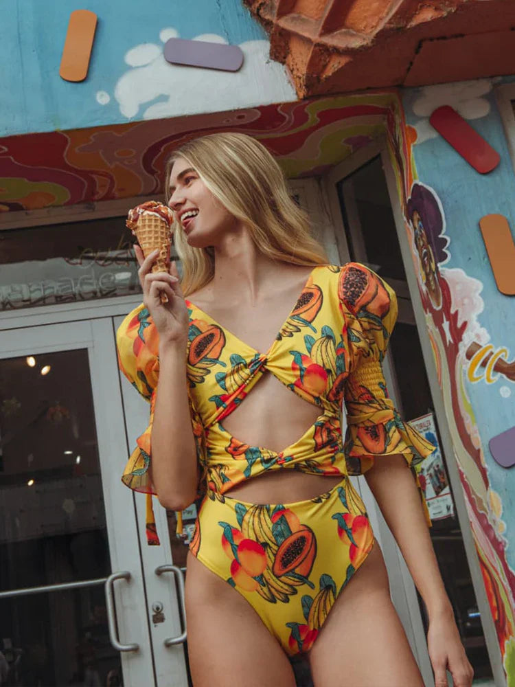 Half Sleeve Monokini Cut-out Swimsuit One Piece