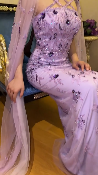 Gorgeous Lavender Tulle Satin Beaded Sheath Long Prom Dress Formal Birthday Party Dress D1177