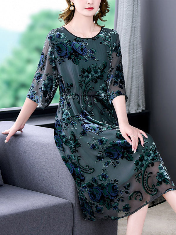 Velvet Burnout Floral Round Neck Drawstring Waist Midi Dress