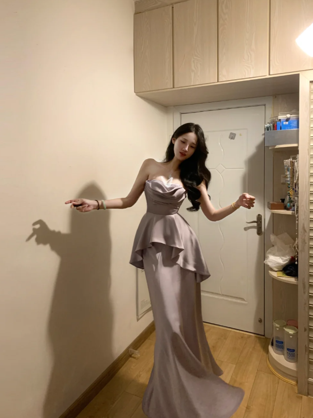 Stylish Strapless Purple Satin Mermaid Long Party Dress Formal Wedding Guest Dress D845