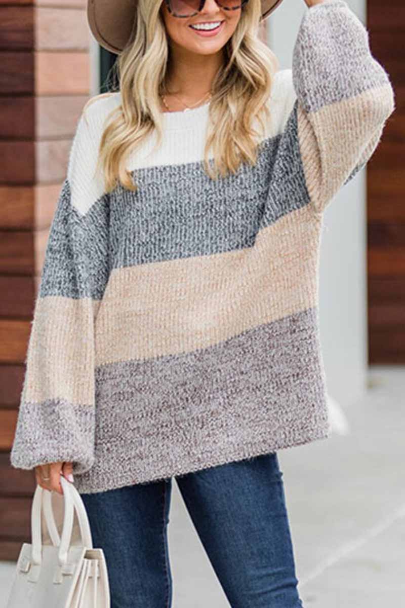 Florcoo Striped Loose Round Neck Sweater for Effortless Style