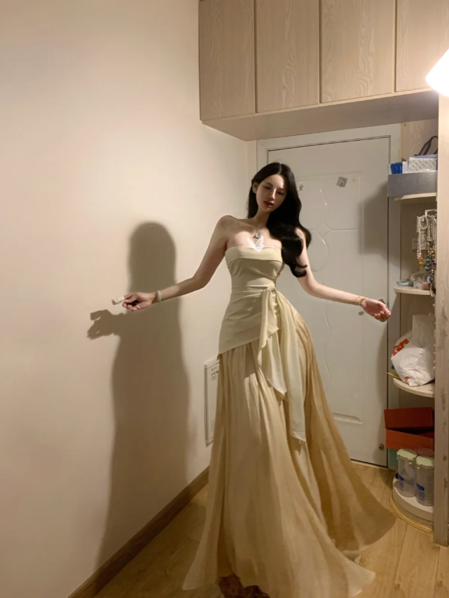 Sexy Strapless Apricot Satin Mermaid Long Prom Gown Formal Birthday Party Dress D841