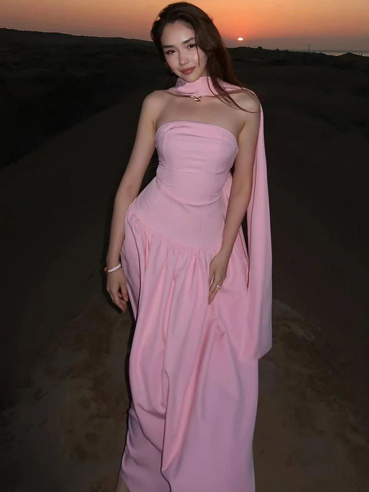 Classy Sleeveless Pink Satin Strapless Long Party Dress Prom Dress With Scarf D958