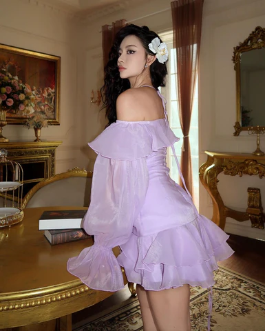 Pretty Off The Shoulder Ruffle Short Prom Dress Lavender Formal Birthday Outfits Homecoming Dress D287