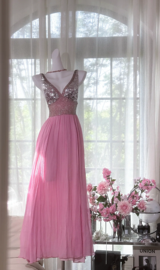 Classy Pink V Neck Chiffon Sequin A Line Long Party Dress Backless Birthday Prom Gown D1554