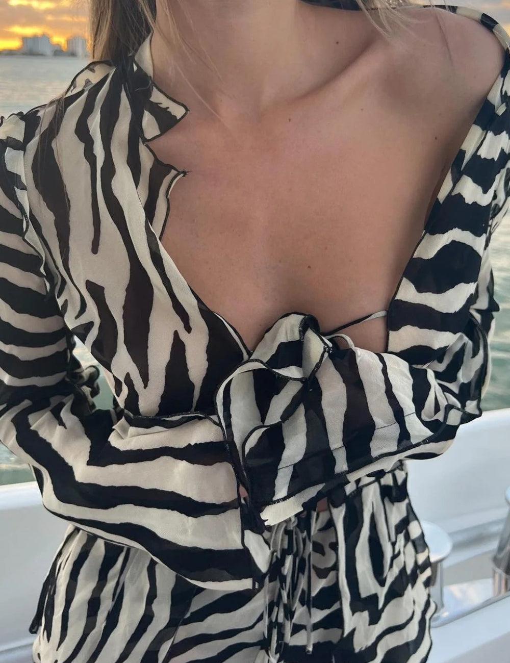 Zebra Tie Up Blouse & Pants Two Piece Set - Fashionpara