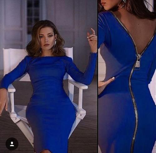 Long Sleeve Bodycon Exposed Zip Back Slit Midi Cocktail Dress - View 2
