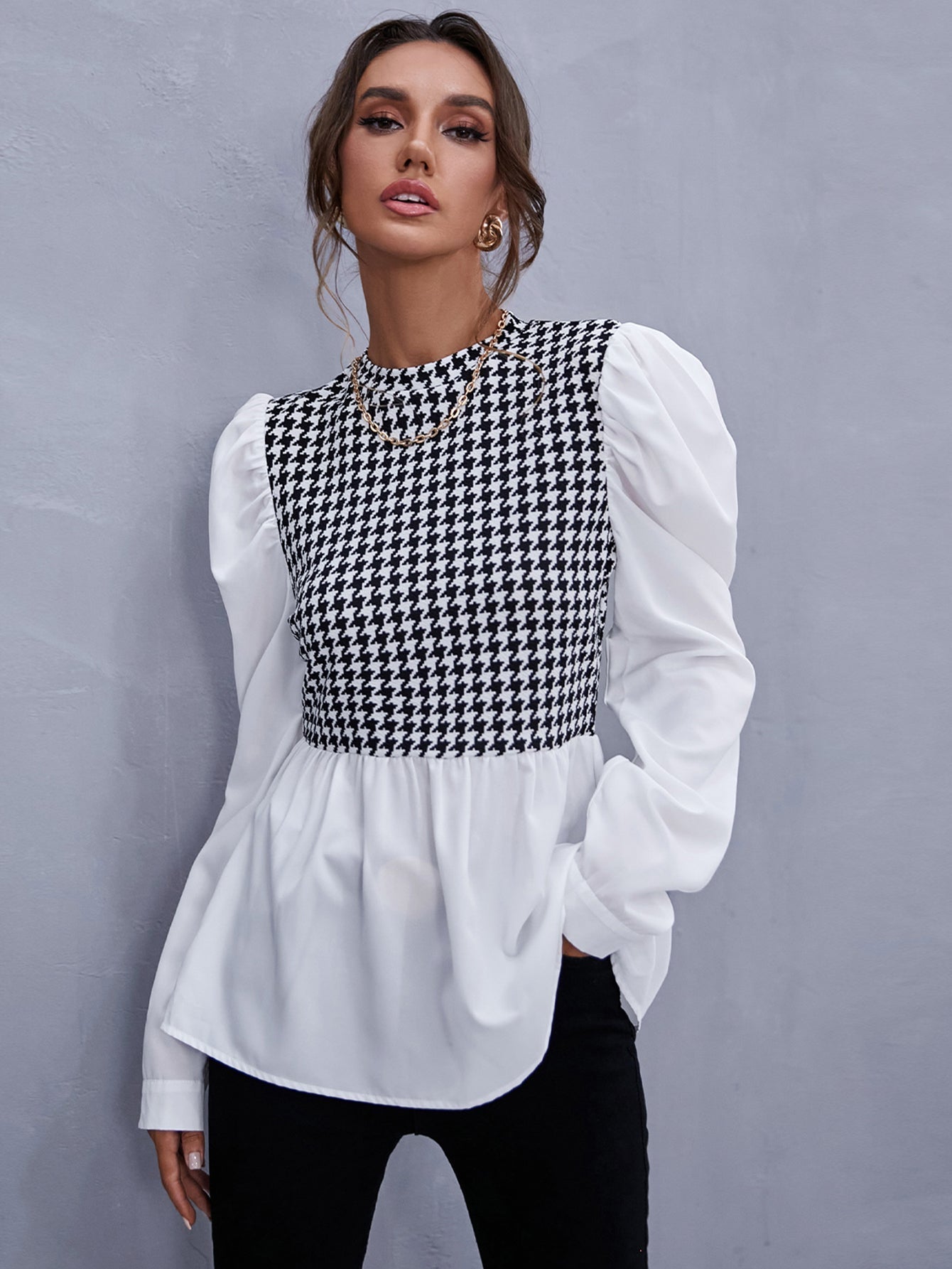 Zipper Back Houndstooth Blouse - Fashionpara