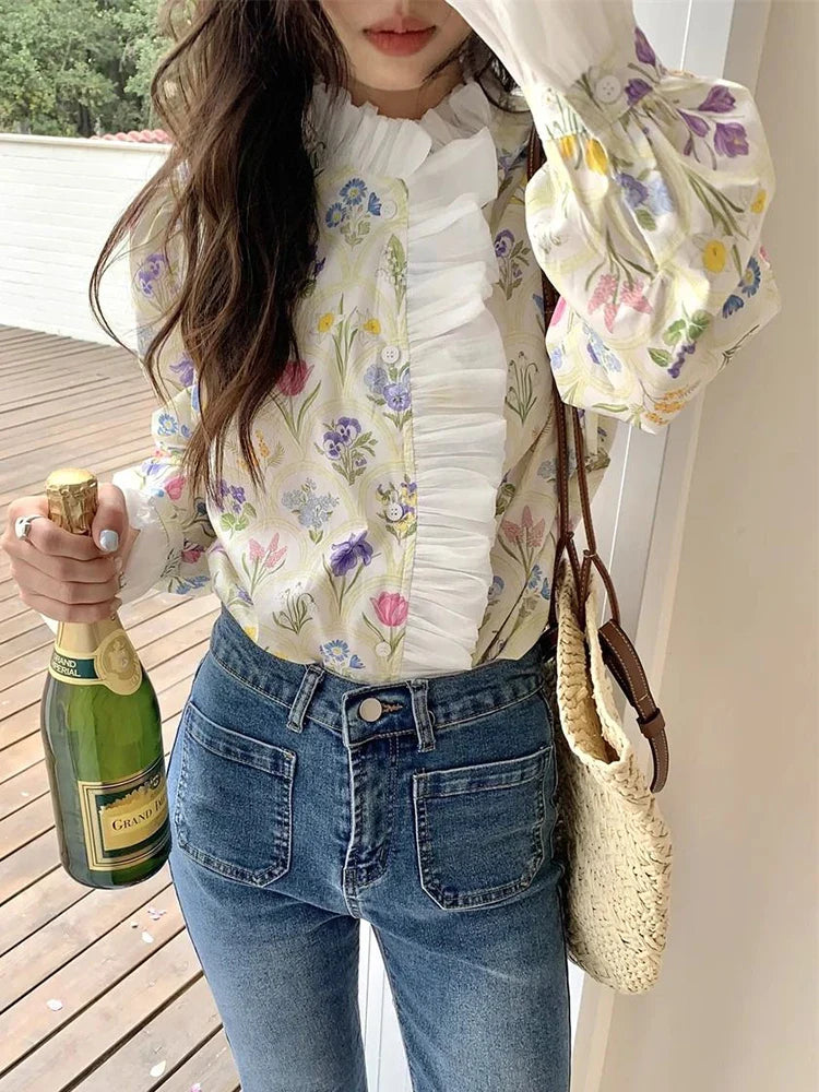 Floral Ruffled Flare Sleeve Blouse