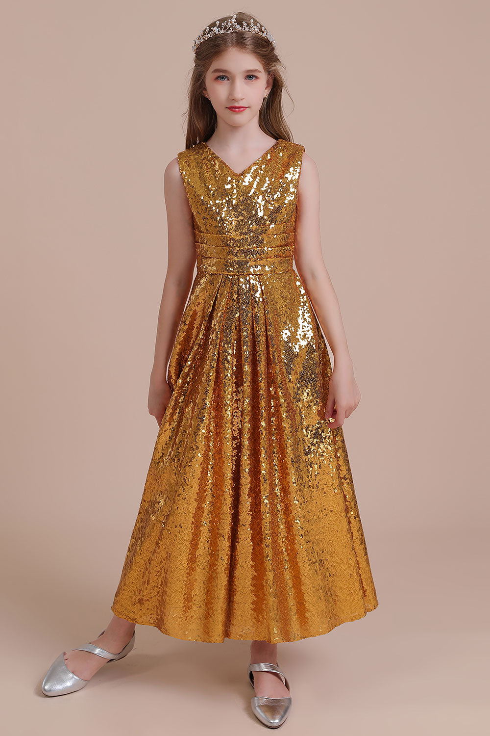 A-Line Amazing Sequins V-neck Flower Girl Dress - Fashionpara
