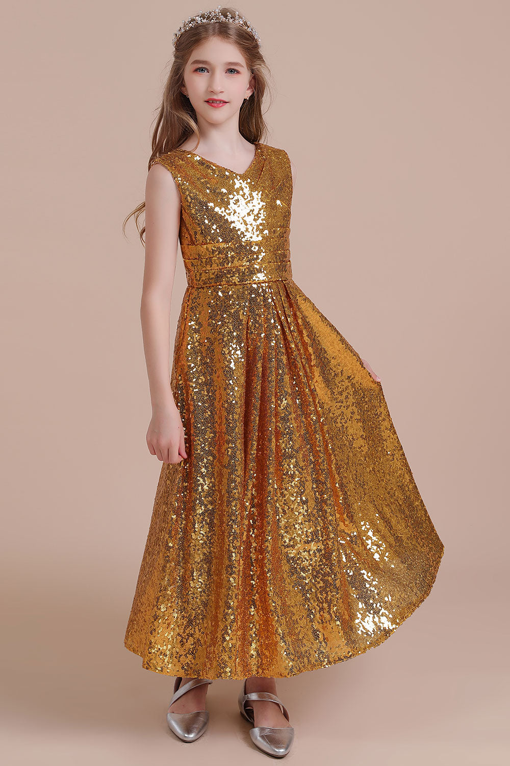 A-Line Amazing Sequins V-neck Flower Girl Dress - Fashionpara