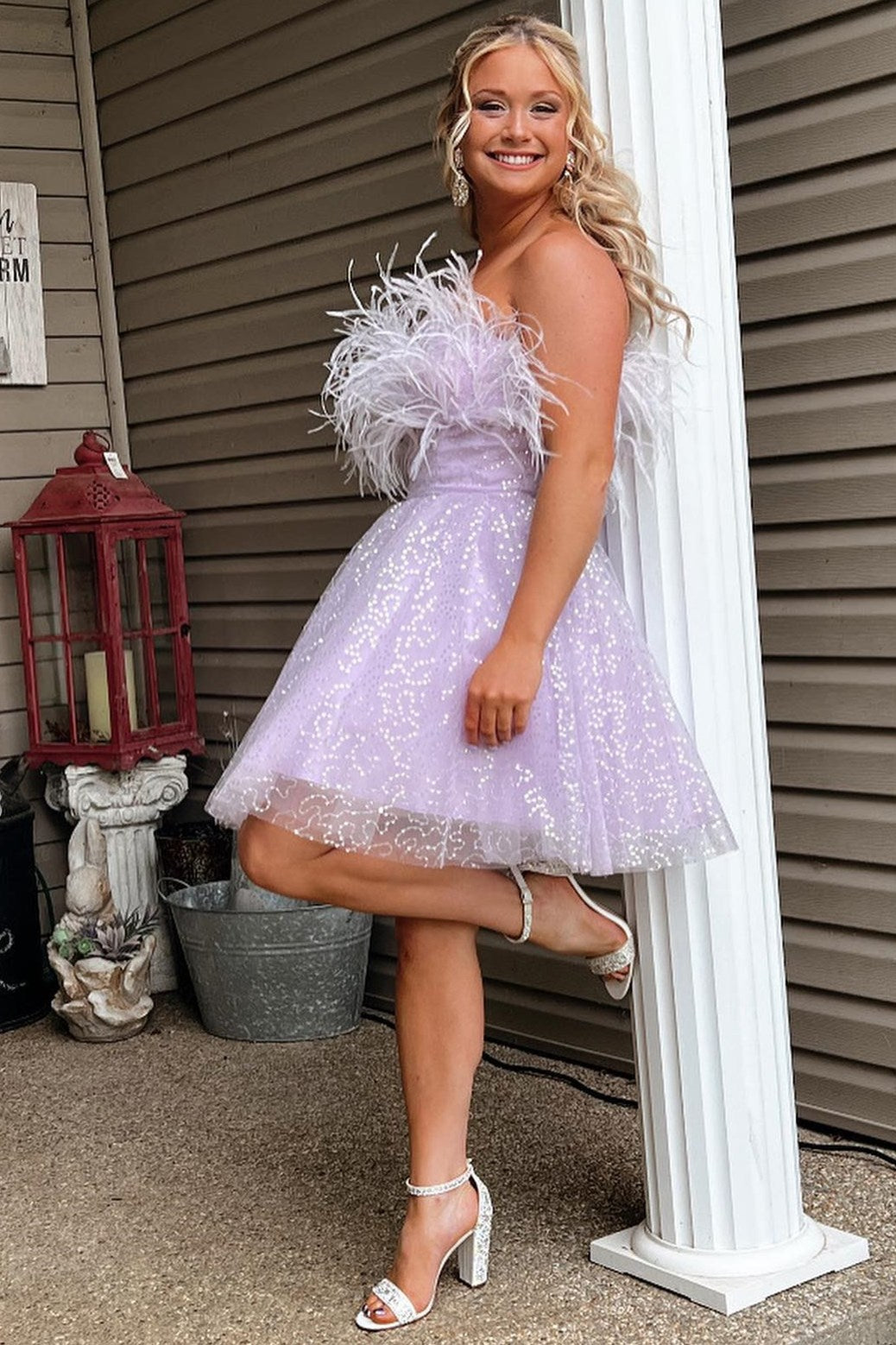 A-Line Black Sequin Feathered Short Party Dress - Fashionpara