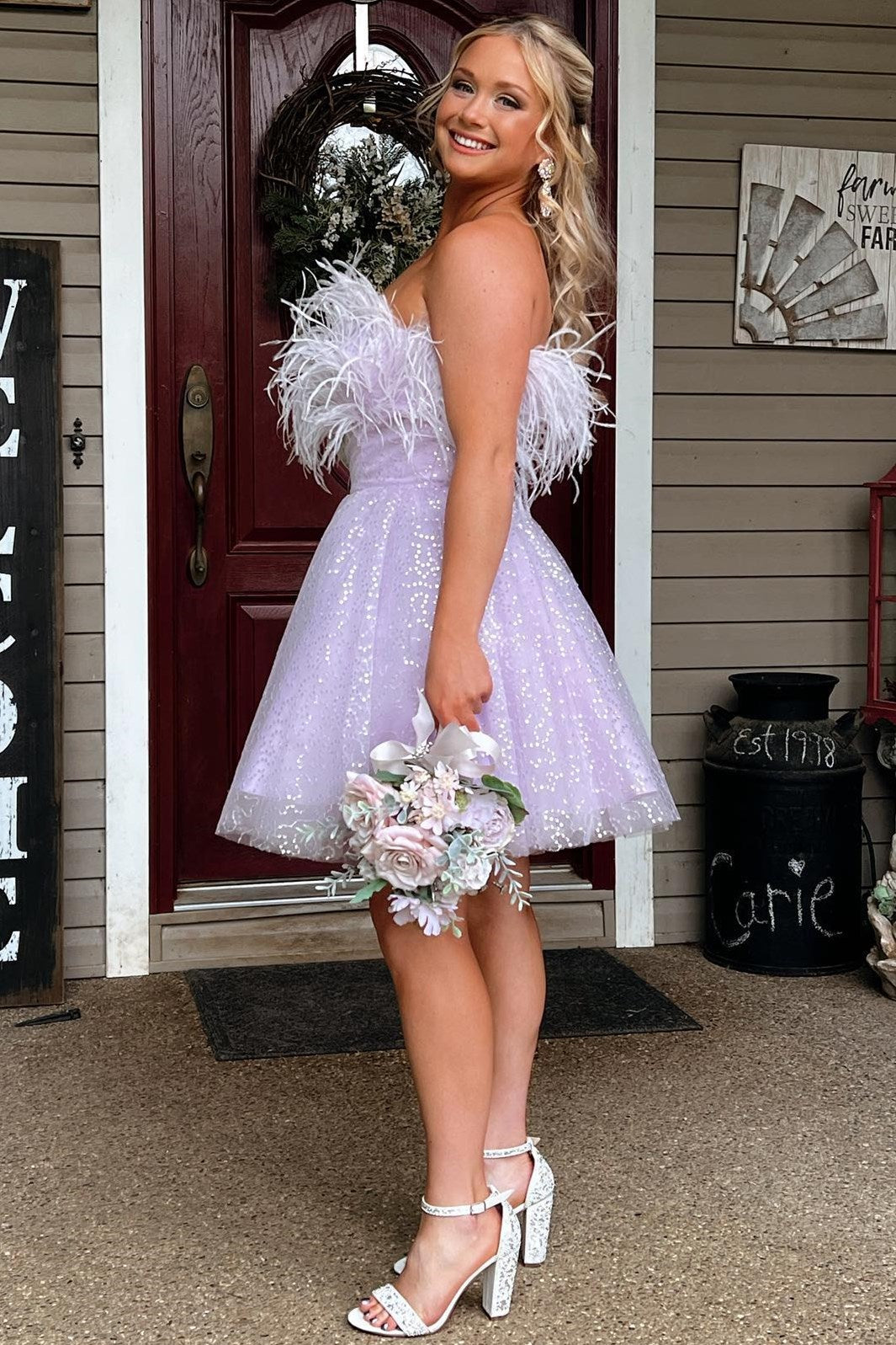 A-Line Black Sequin Feathered Short Party Dress - Fashionpara