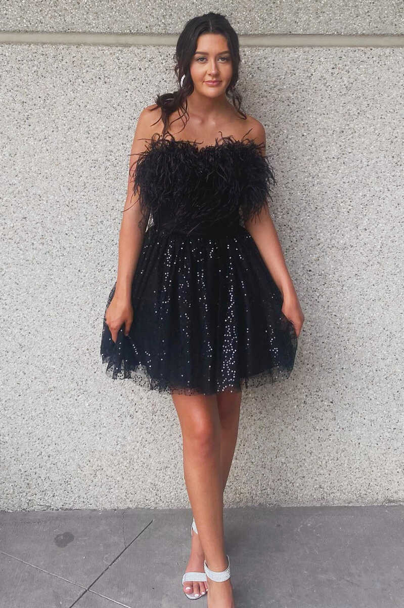 A-Line Black Sequin Feathered Short Party Dress - Fashionpara