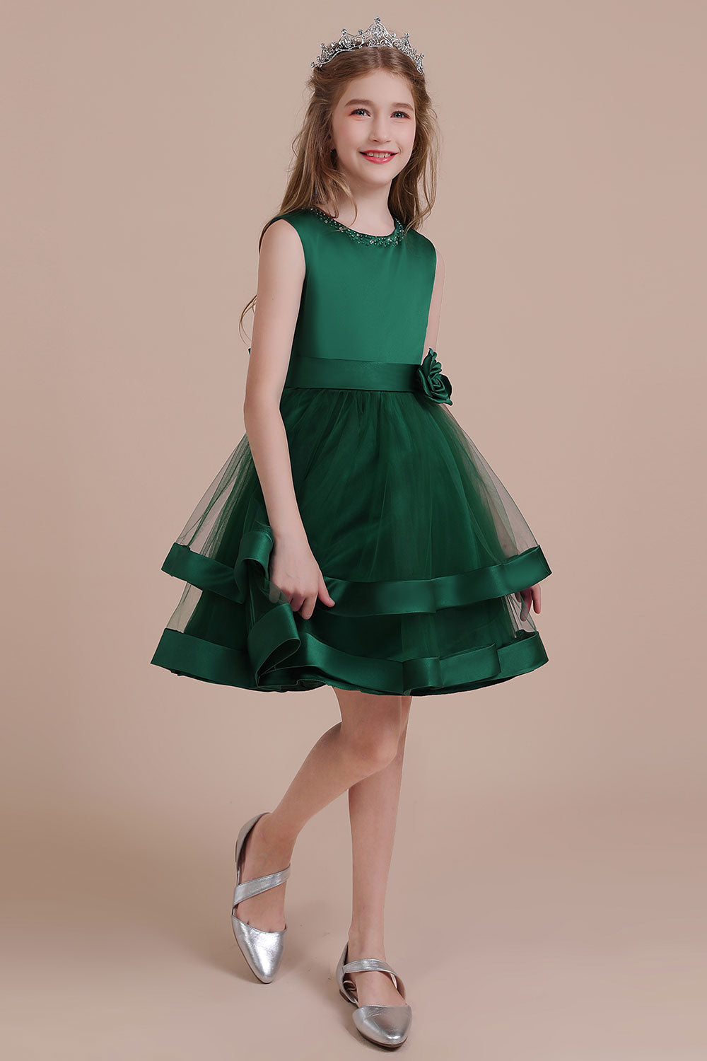 A-Line Bow Satin Layered Tulle Flower Girl Dress - Fashionpara