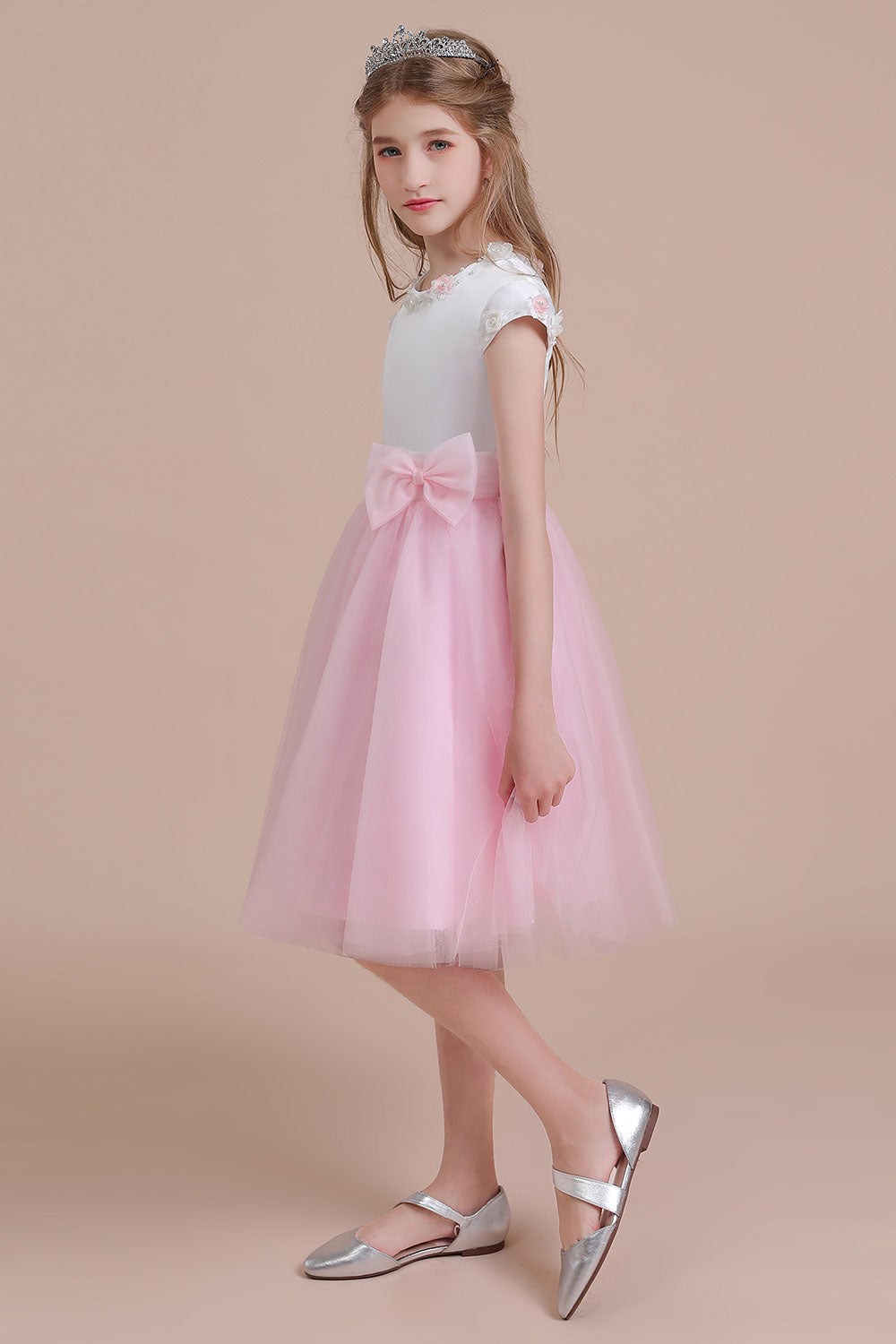 A-Line Cap Sleeve Tulle Knee Length Flower Girl Dress - Fashionpara