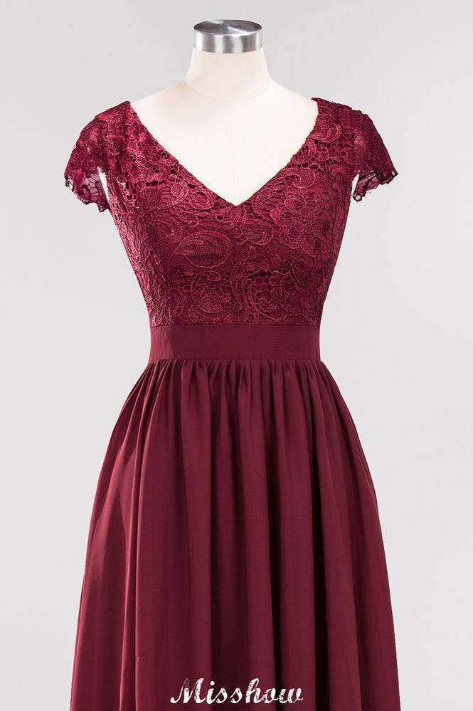 A-line Chiffon Lace V-Neck Sleeveless Floor-Length Bridesmaid Dresses with Ruffles
