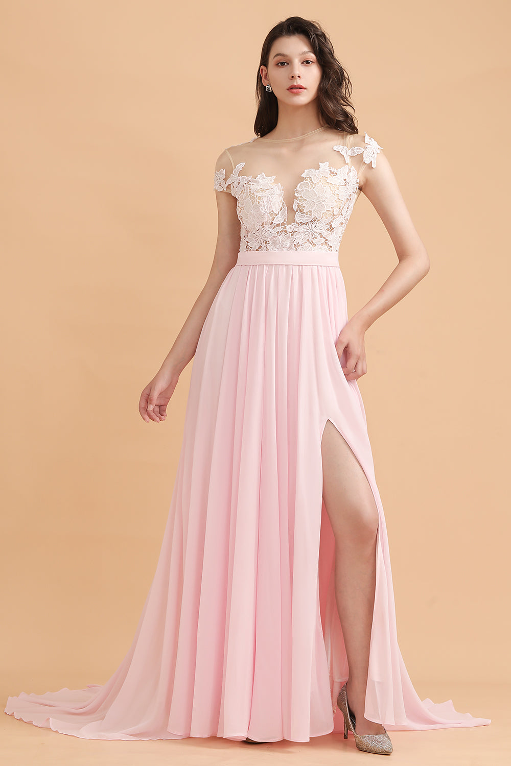 A-Line Jewel Chiffon Lace Ruffles Bridesmaid Dresses with Slit - Fashionpara