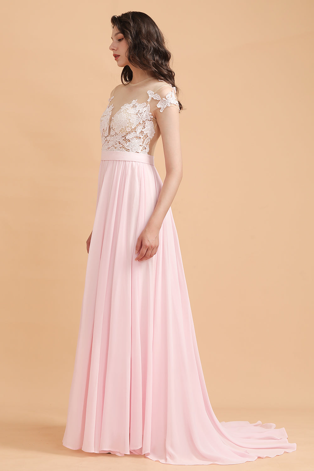 A-Line Jewel Chiffon Lace Ruffles Bridesmaid Dresses with Slit - Fashionpara
