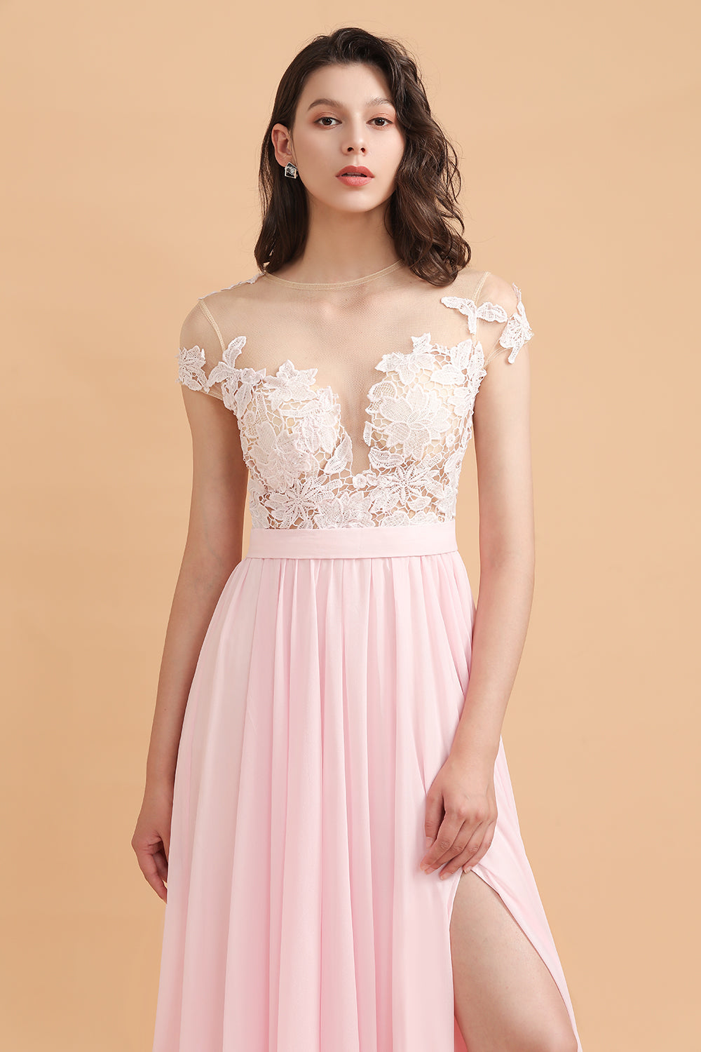 A-Line Jewel Chiffon Lace Ruffles Bridesmaid Dresses with Slit - Fashionpara