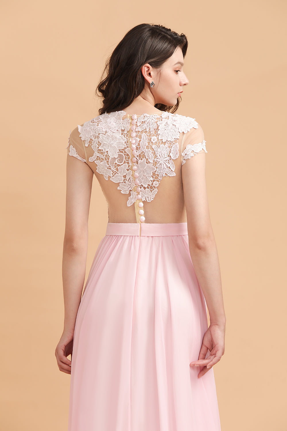 A-Line Jewel Chiffon Lace Ruffles Bridesmaid Dresses with Slit - Fashionpara