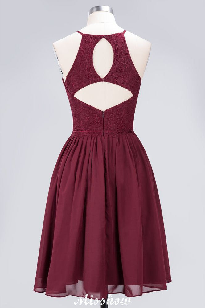 A-line Jewel Sleeveless Knee-Length Bridesmaid Dresses with Ruffle Chiffon Lace Party Dress