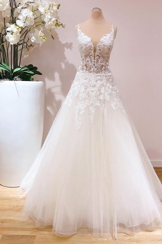 A-Line Lace Appliques Wedding Dress Tulle Bridal Gown - Fashionpara